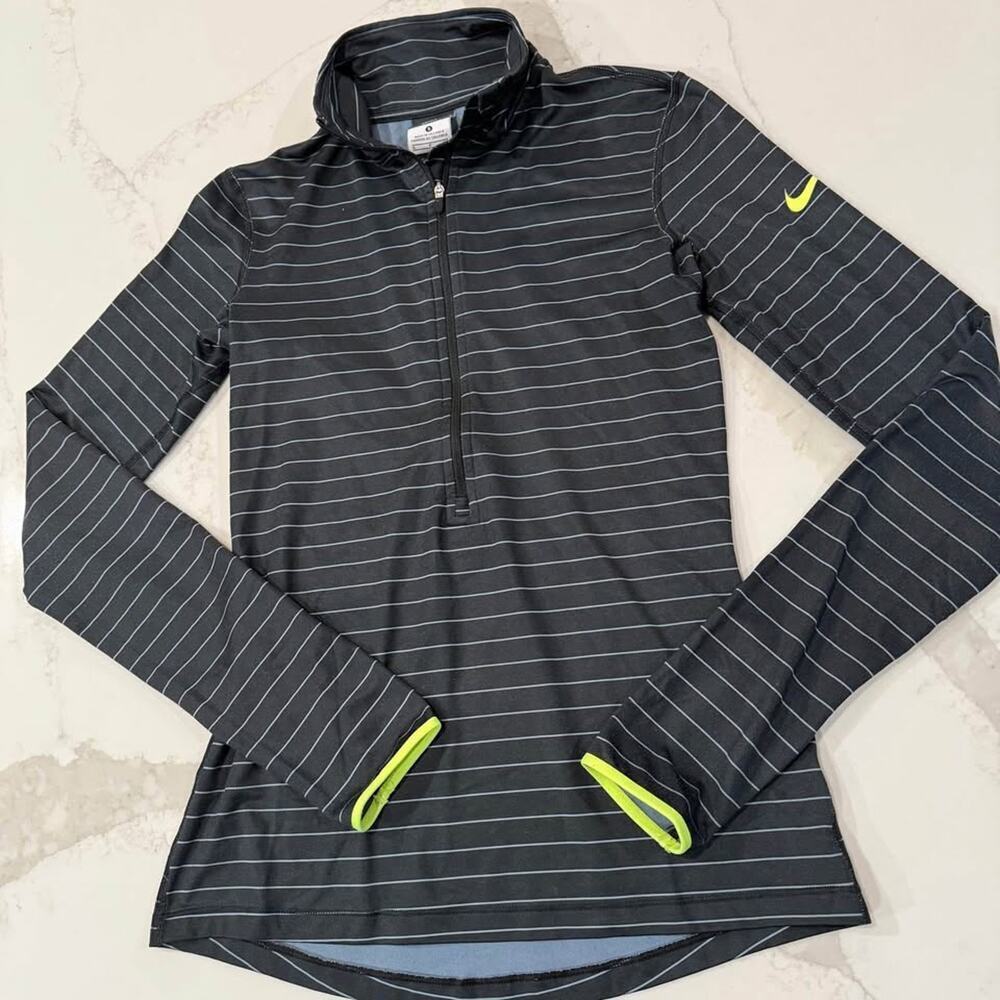 Nike Pro DriFit HalfZip Pullover Athletic Top Women Small Black Stripe Thumbhole - Picture 2 of 7